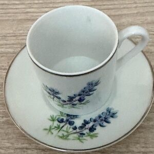 White Porcelain Teacup and Saucer with Blue Floral Accent and silver trim